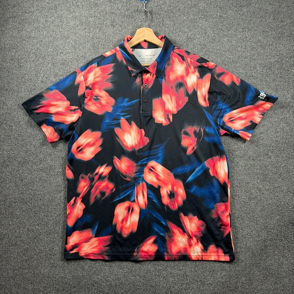 Under Armour Playoff Polo Mens XL Black Red Blue Floral Print Short Sleeve Shirt